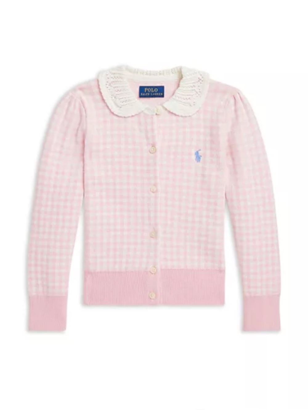 Ralph Lauren Girls Pink Gingham Knit Cardigan White Lace Collar 5 Years
